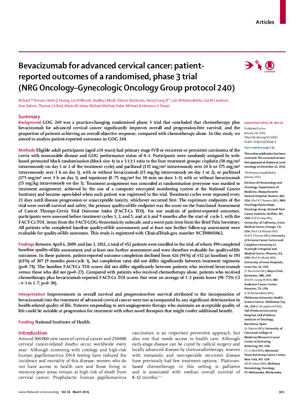 Bevacizumab for advanced cervical cancer: patient-reported outcomes of a randomised, phase 3 trial (NRG Oncology–Gynecologic Oncology Group protocol 240)
