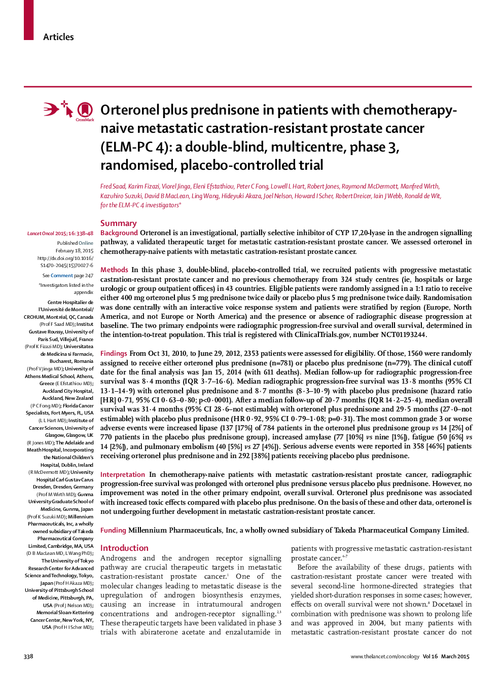 Orteronel plus prednisone in patients with chemotherapy-naive metastatic castration-resistant prostate cancer (ELM-PC 4): a double-blind, multicentre, phase 3, randomised, placebo-controlled trial