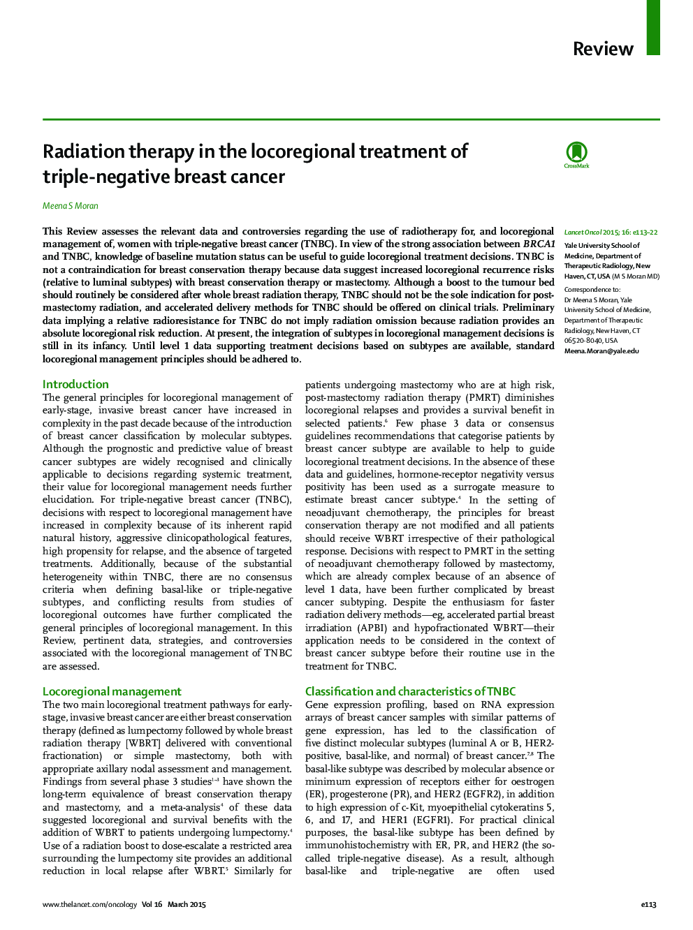 Radiation therapy in the locoregional treatment of triple-negative breast cancer