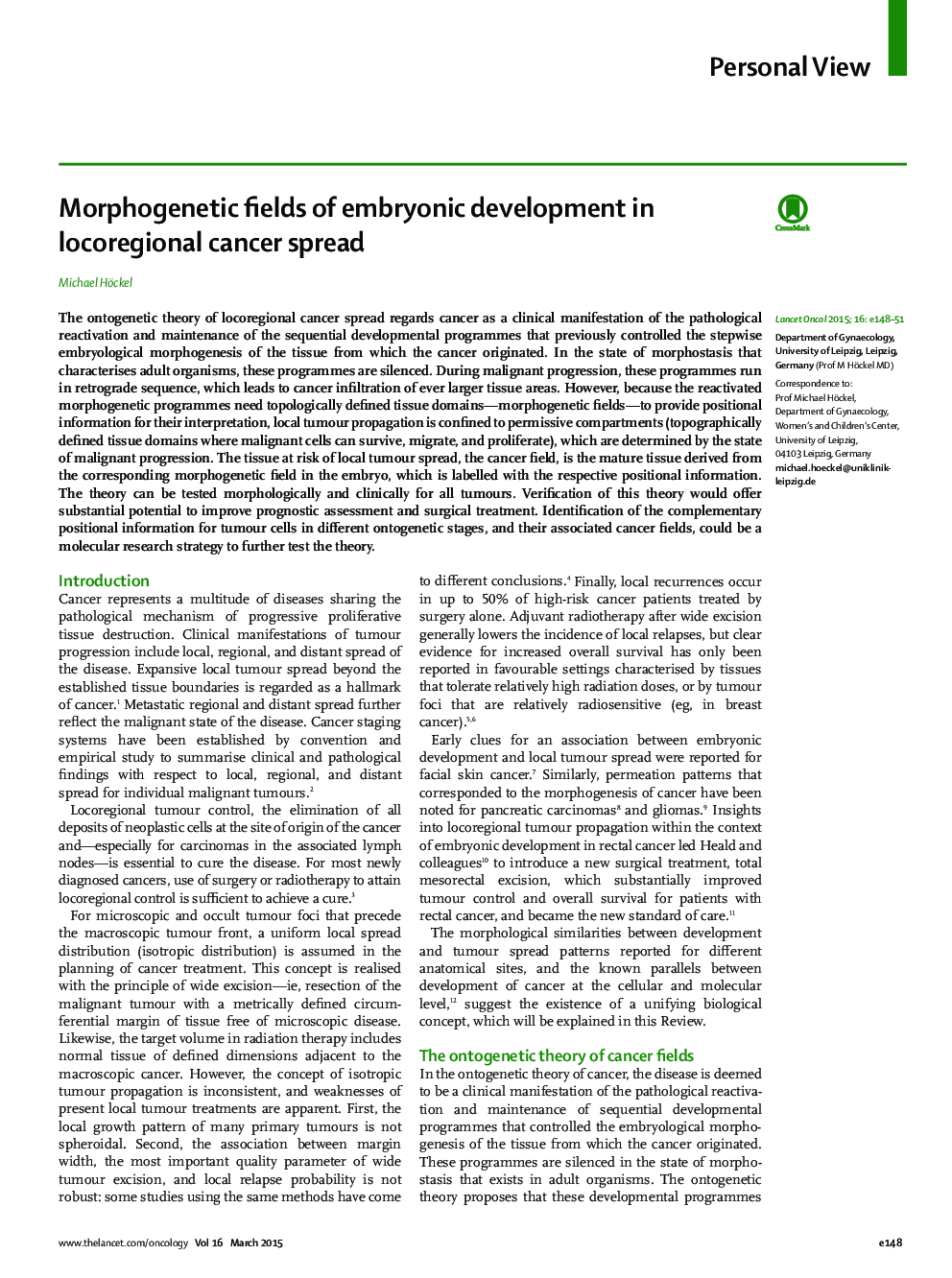 Morphogenetic fields of embryonic development in locoregional cancer spread