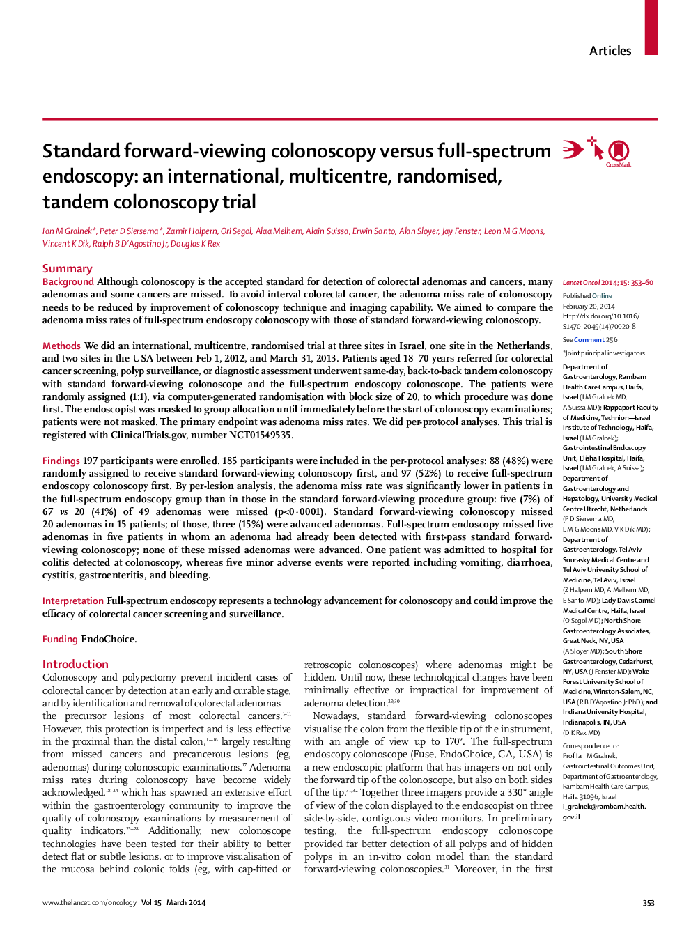 Standard forward-viewing colonoscopy versus full-spectrum endoscopy: an international, multicentre, randomised, tandem colonoscopy trial