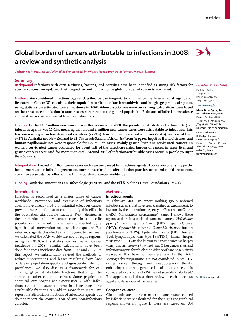 Global burden of cancers attributable to infections in 2008: a review and synthetic analysis