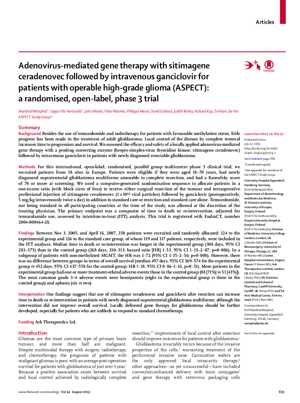 Adenovirus-mediated gene therapy with sitimagene ceradenovec followed by intravenous ganciclovir for patients with operable high-grade glioma (ASPECT): a randomised, open-label, phase 3 trial