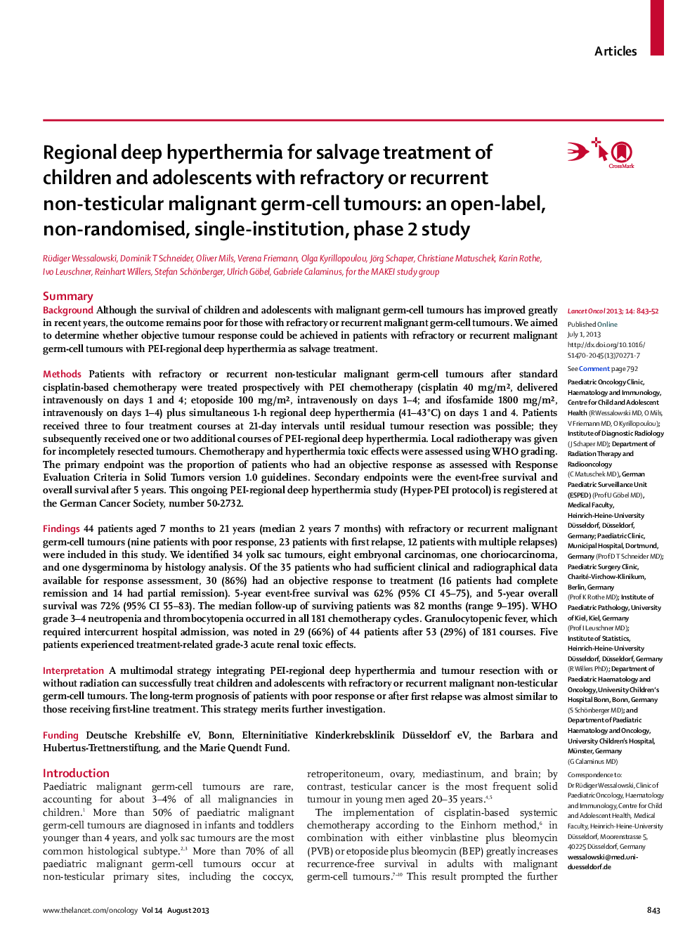 Regional deep hyperthermia for salvage treatment of children and adolescents with refractory or recurrent non-testicular malignant germ-cell tumours: an open-label, non-randomised, single-institution, phase 2 study