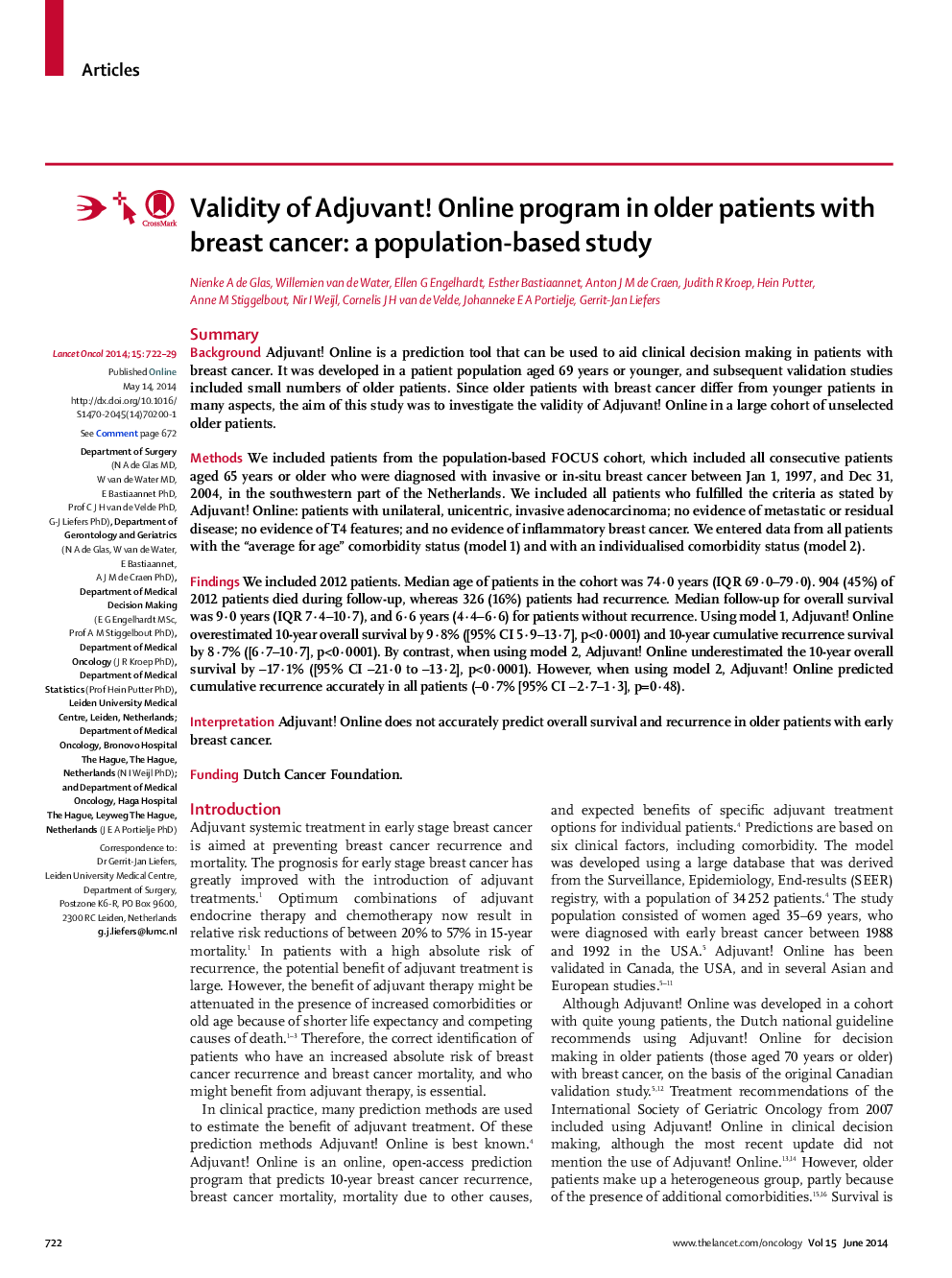 اعتبار آدجوانت! برنامه های آنلاین در بیماران مسن تر با سرطان پستان: یک مطالعه مبتنی بر جمعیت است 
