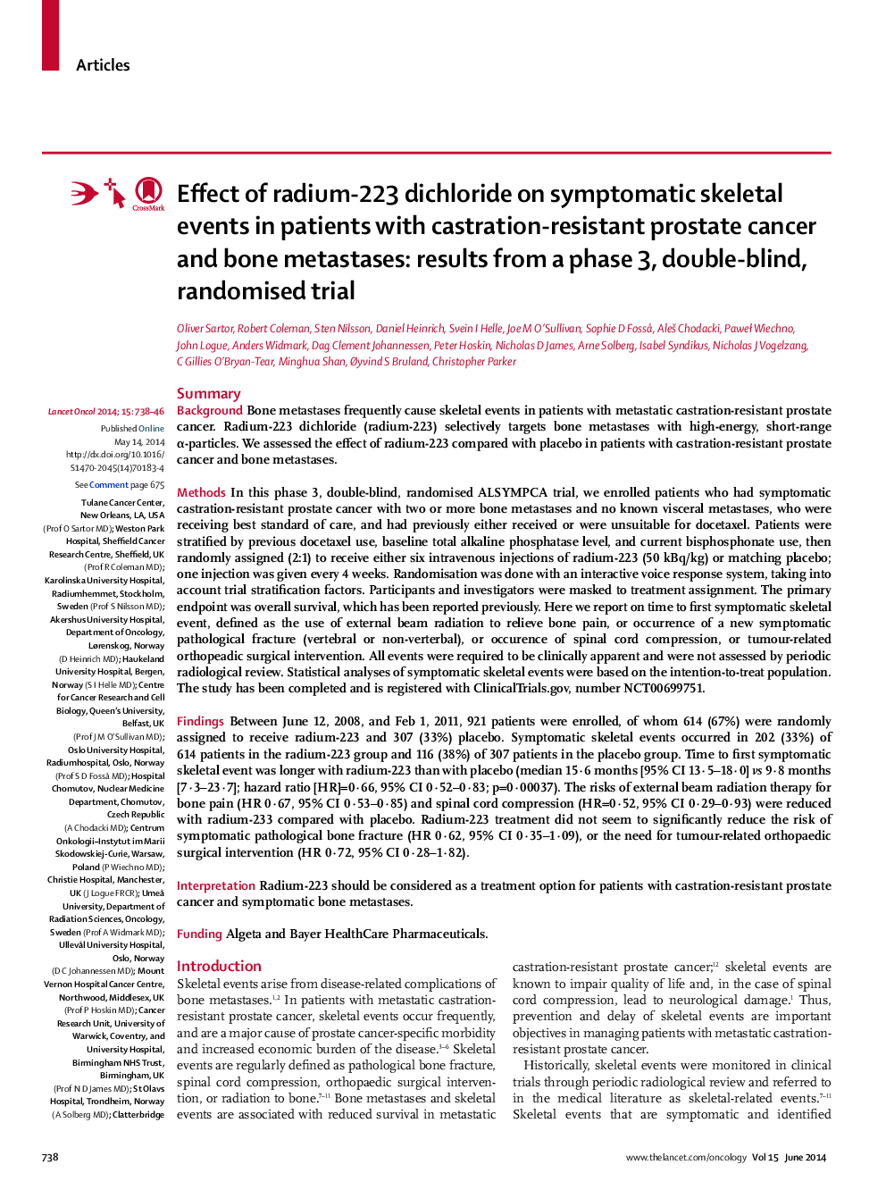 Effect of radium-223 dichloride on symptomatic skeletal events in patients with castration-resistant prostate cancer and bone metastases: results from a phase 3, double-blind, randomised trial