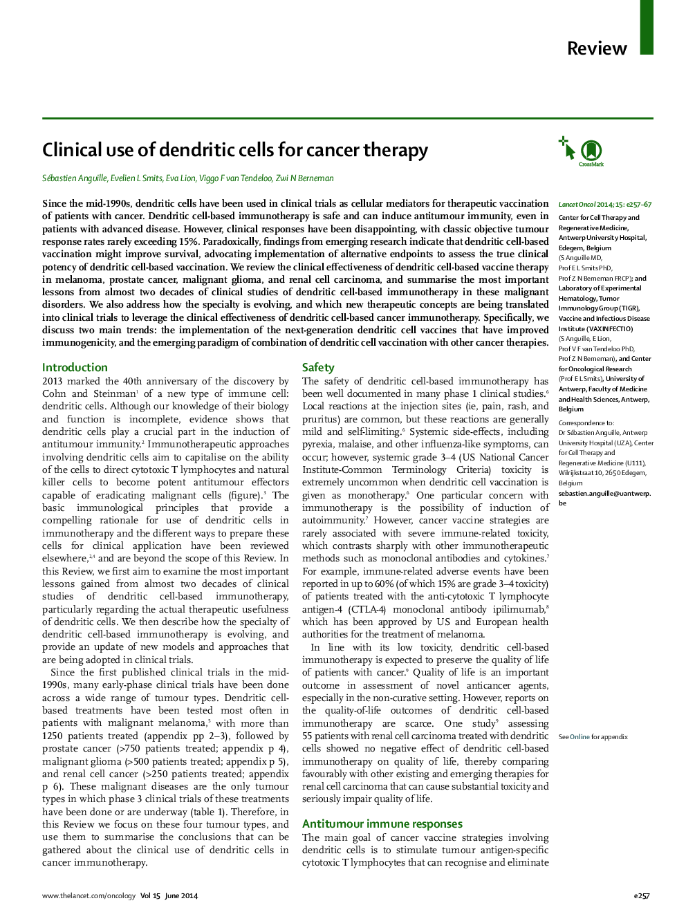 Clinical use of dendritic cells for cancer therapy