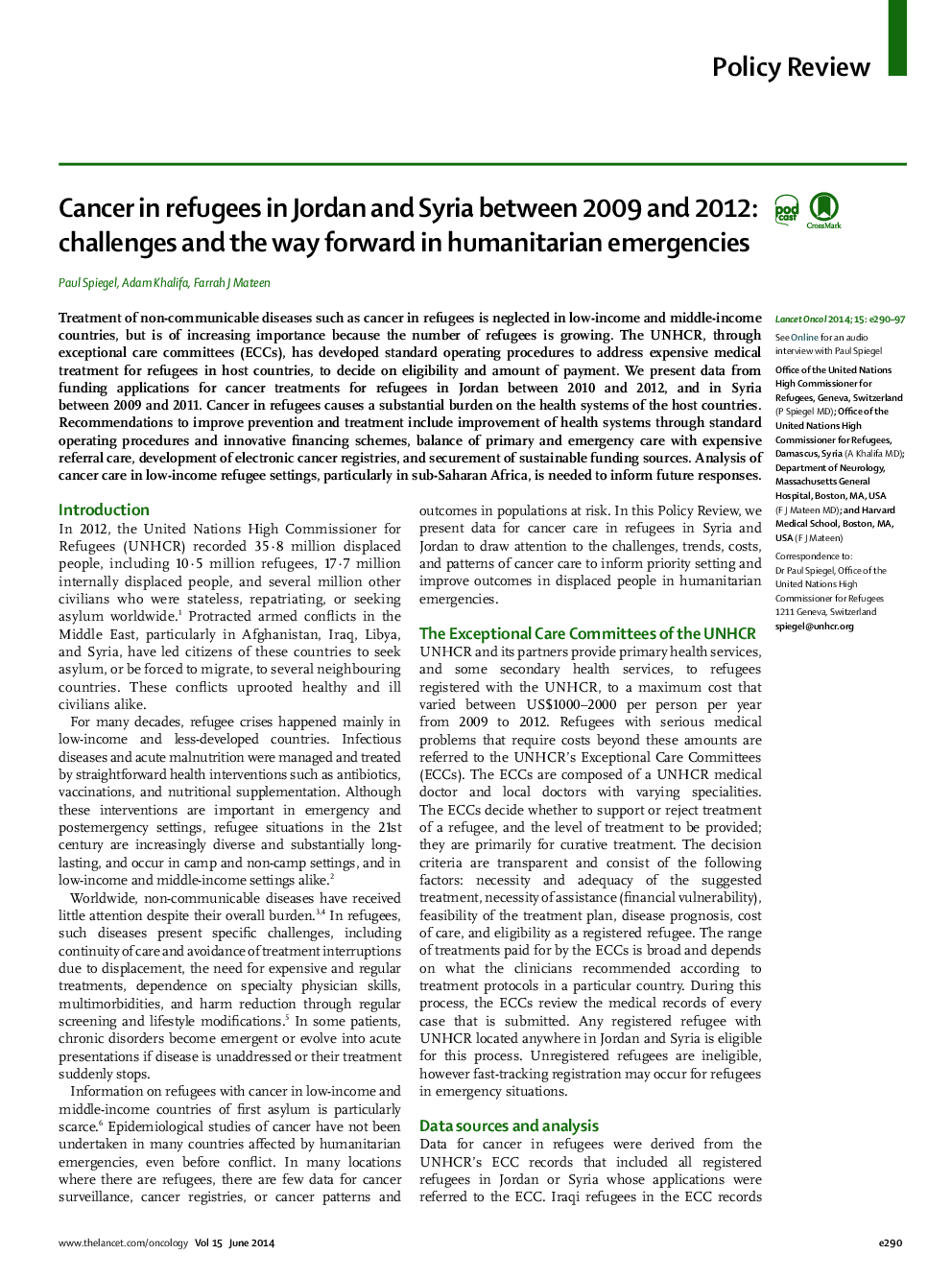Cancer in refugees in Jordan and Syria between 2009 and 2012: challenges and the way forward in humanitarian emergencies