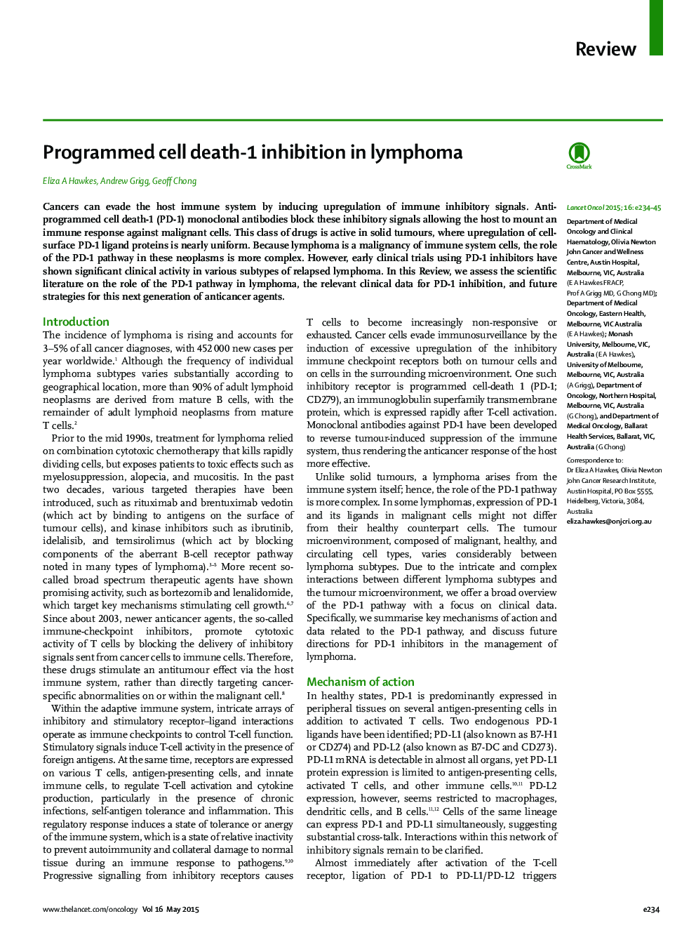 Programmed cell death-1 inhibition in lymphoma