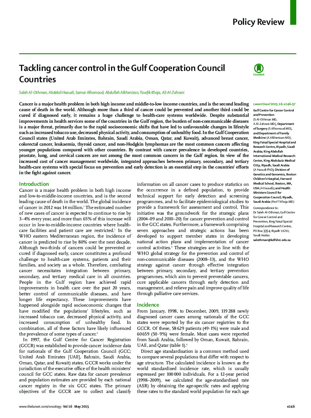 مبارزه با کنترل سرطان در کشورهای عضو شورای همکاری خلیج فارس 