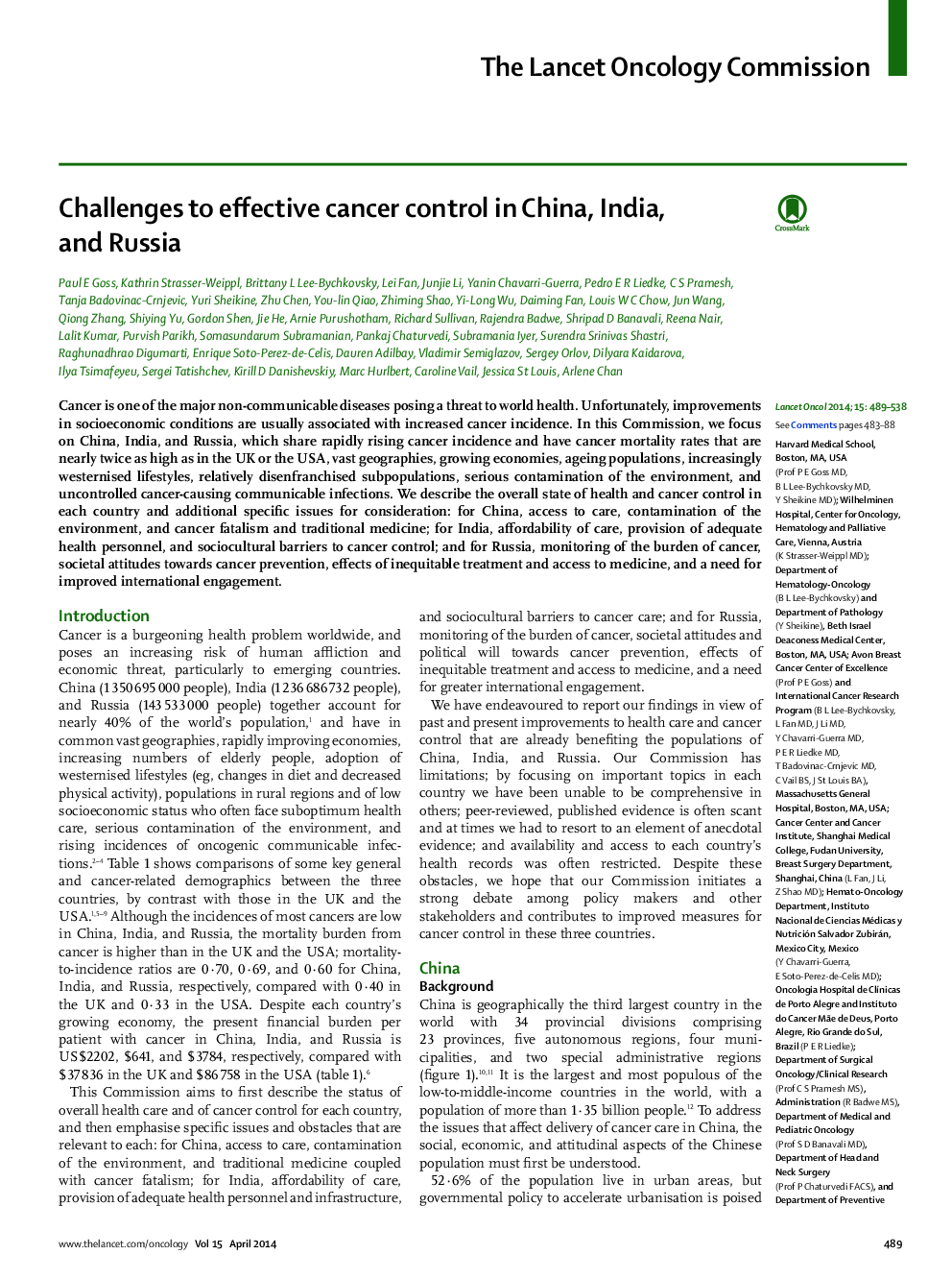 Challenges to effective cancer control in China, India, and Russia