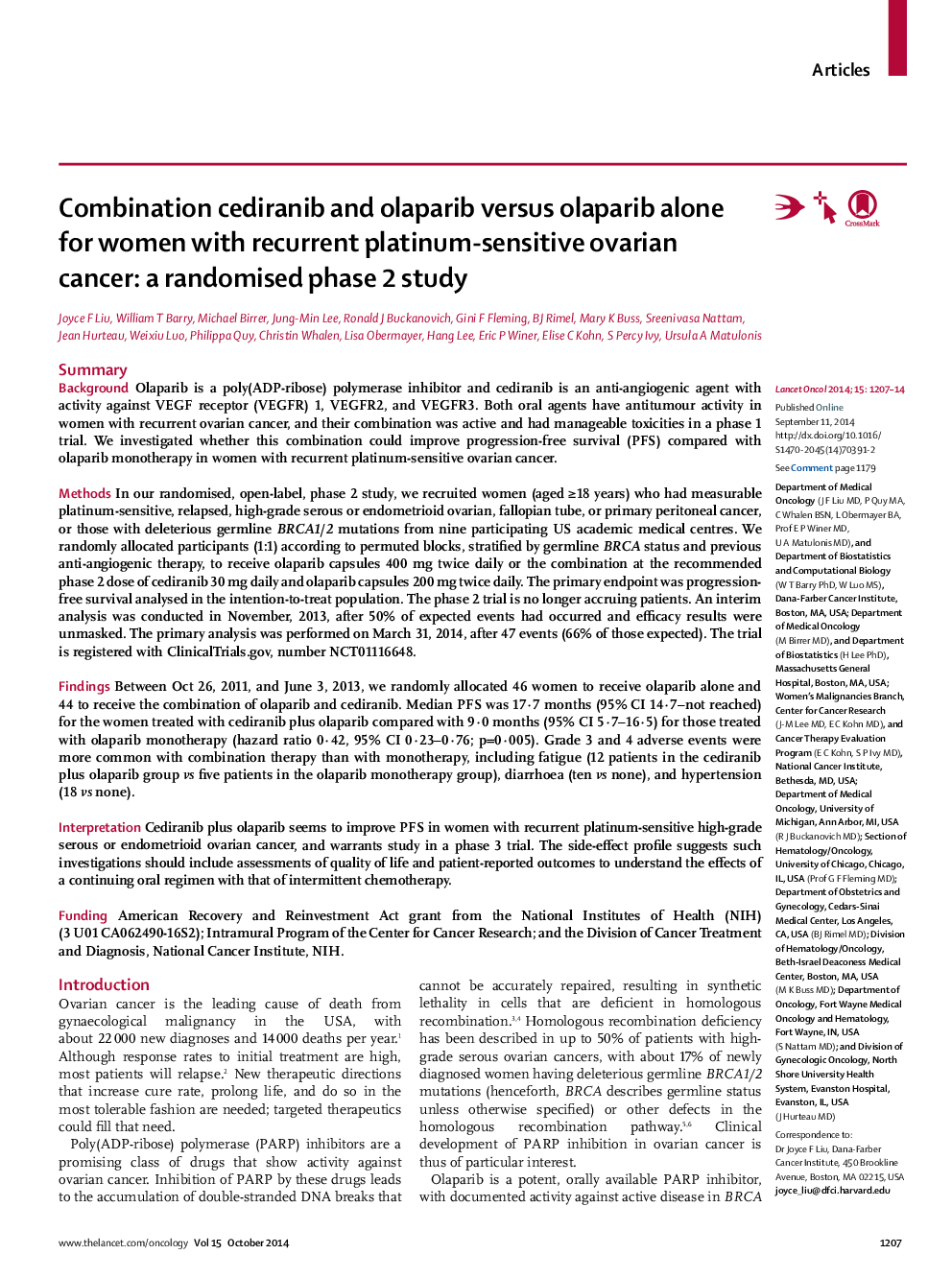 Combination cediranib and olaparib versus olaparib alone for women with recurrent platinum-sensitive ovarian cancer: a randomised phase 2 study