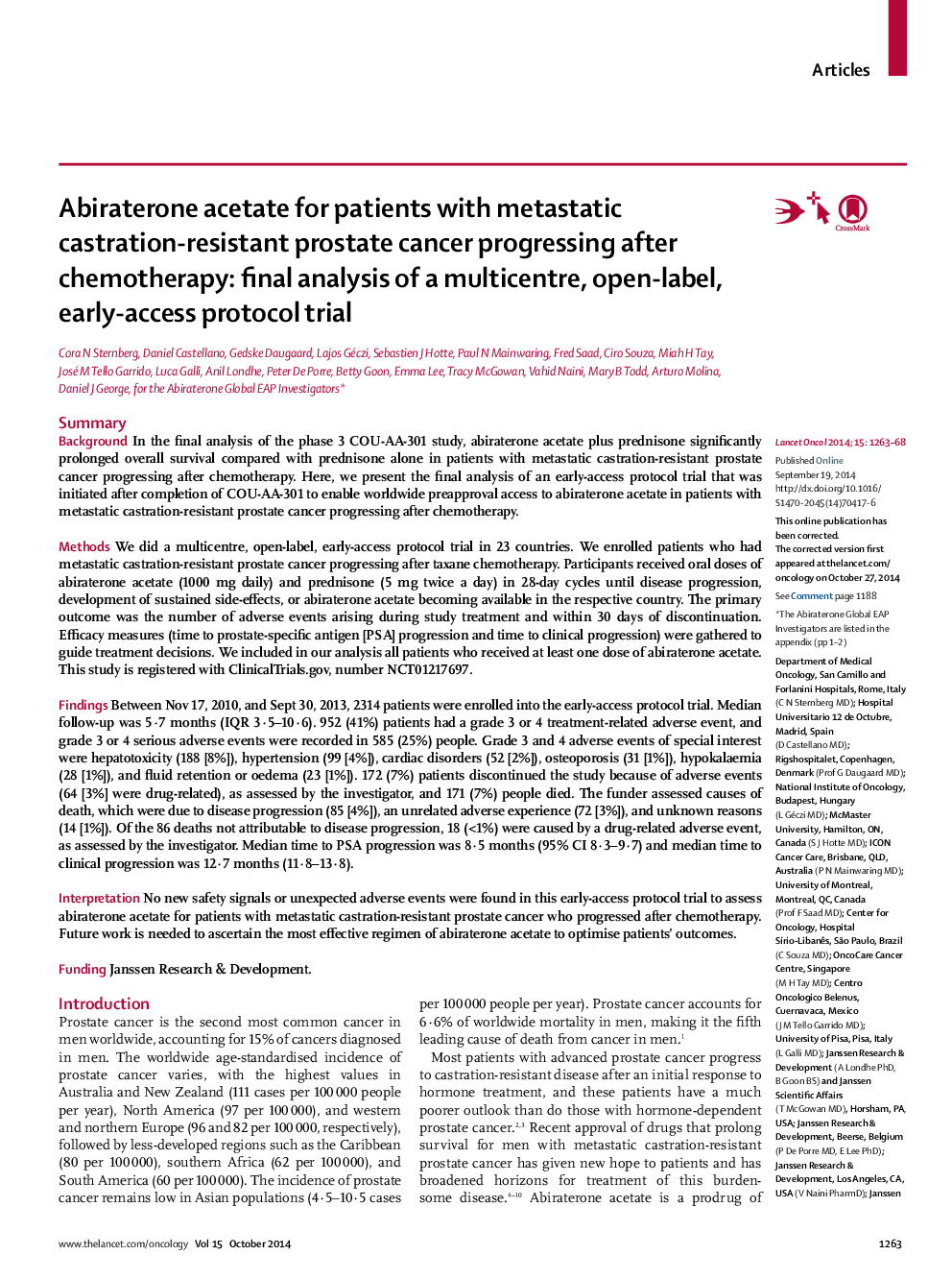 Abiraterone acetate for patients with metastatic castration-resistant prostate cancer progressing after chemotherapy: final analysis of a multicentre, open-label, early-access protocol trial