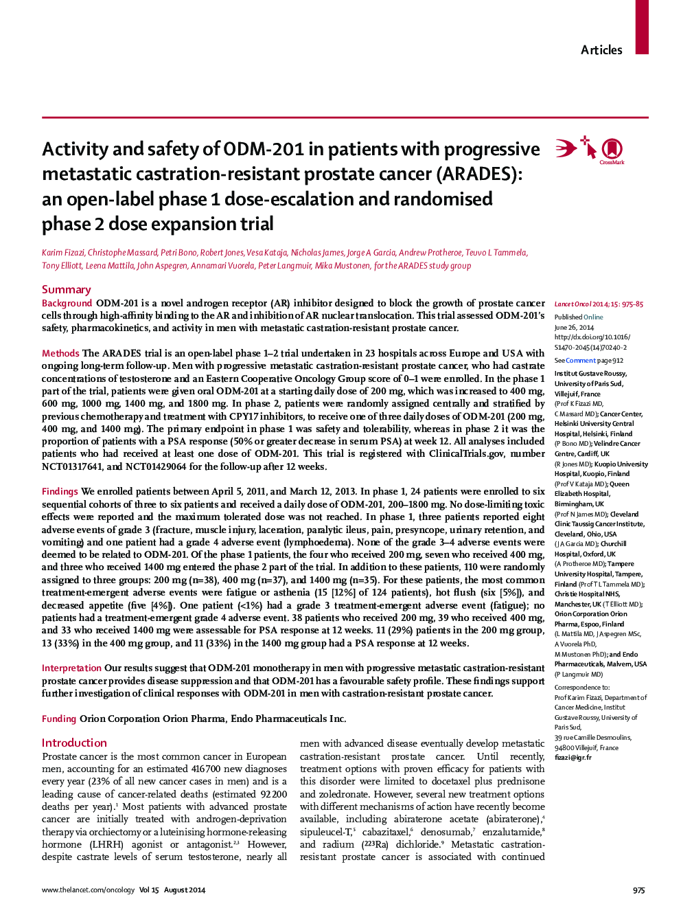 Activity and safety of ODM-201 in patients with progressive metastatic castration-resistant prostate cancer (ARADES): an open-label phase 1 dose-escalation and randomised phase 2 dose expansion trial