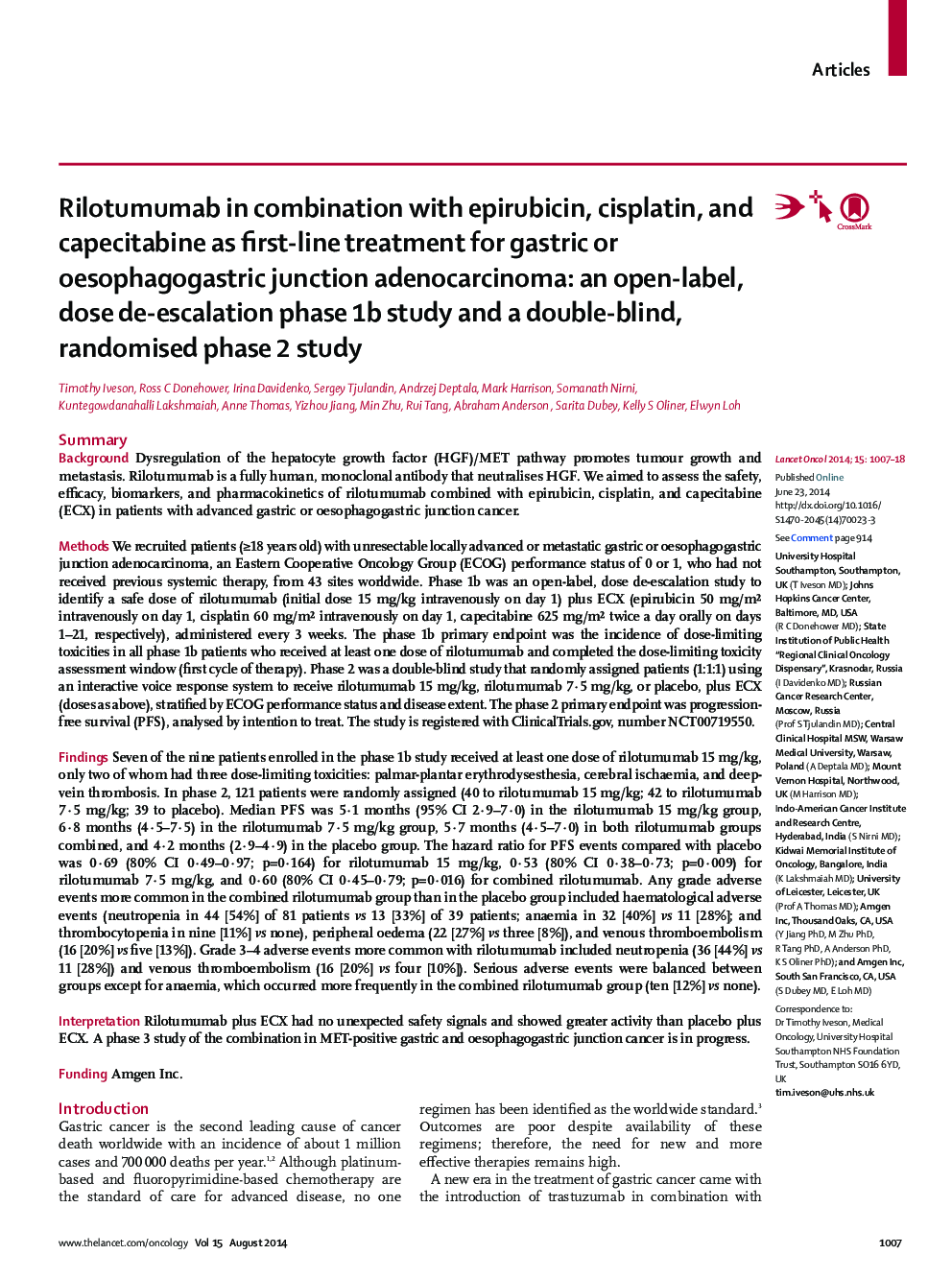 Rilotumumab in combination with epirubicin, cisplatin, and capecitabine as first-line treatment for gastric or oesophagogastric junction adenocarcinoma: an open-label, dose de-escalation phase 1b study and a double-blind, randomised phase 2 study