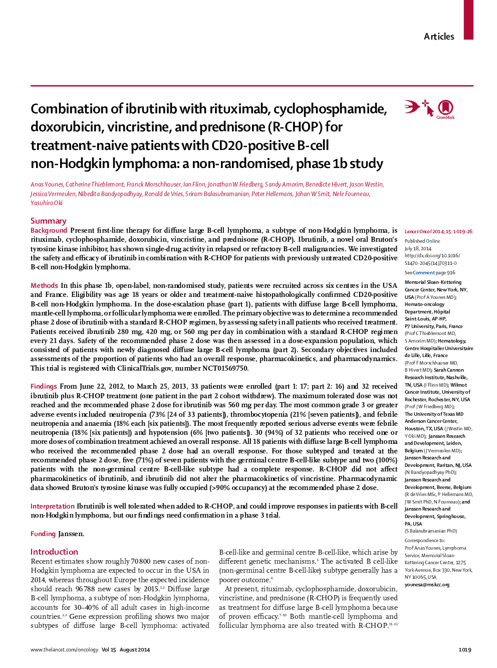Combination of ibrutinib with rituximab, cyclophosphamide, doxorubicin, vincristine, and prednisone (R-CHOP) for treatment-naive patients with CD20-positive B-cell non-Hodgkin lymphoma: a non-randomised, phase 1b study