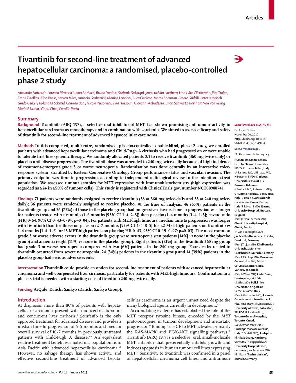 Tivantinib for second-line treatment of advanced hepatocellular carcinoma: a randomised, placebo-controlled phase 2 study