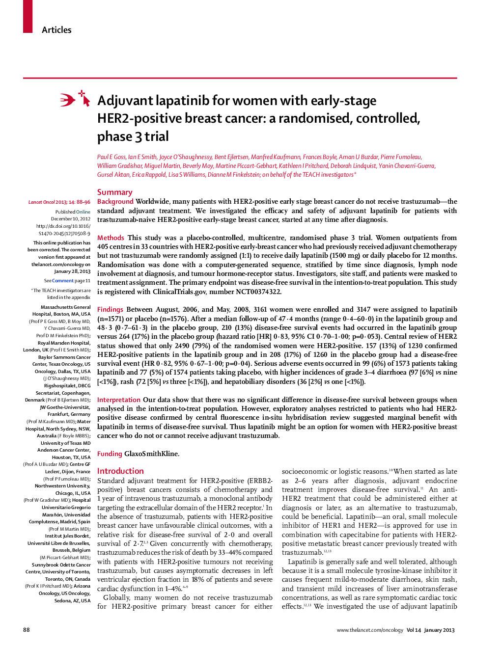 Adjuvant lapatinib for women with early-stage HER2-positive breast cancer: a randomised, controlled, phase 3 trial