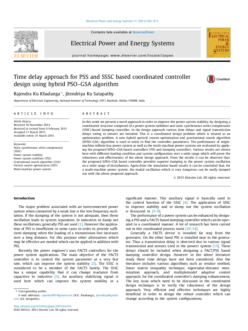 Time delay approach for PSS and SSSC based coordinated controller design using hybrid PSO–GSA algorithm