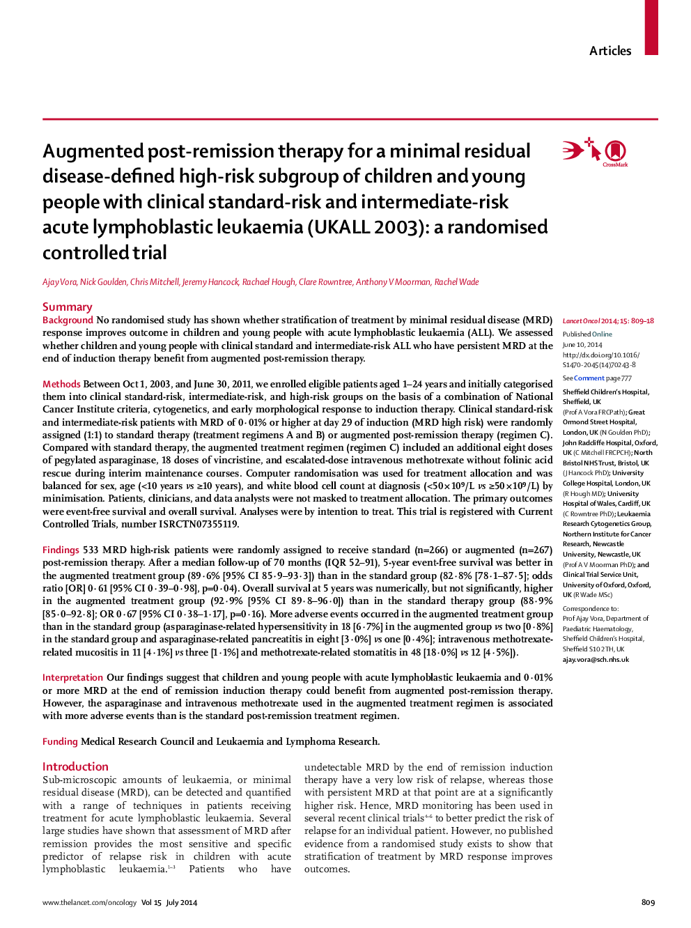 Augmented post-remission therapy for a minimal residual disease-defined high-risk subgroup of children and young people with clinical standard-risk and intermediate-risk acute lymphoblastic leukaemia (UKALL 2003): a randomised controlled trial