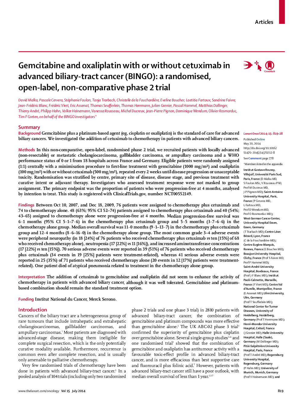 Gemcitabine and oxaliplatin with or without cetuximab in advanced biliary-tract cancer (BINGO): a randomised, open-label, non-comparative phase 2 trial