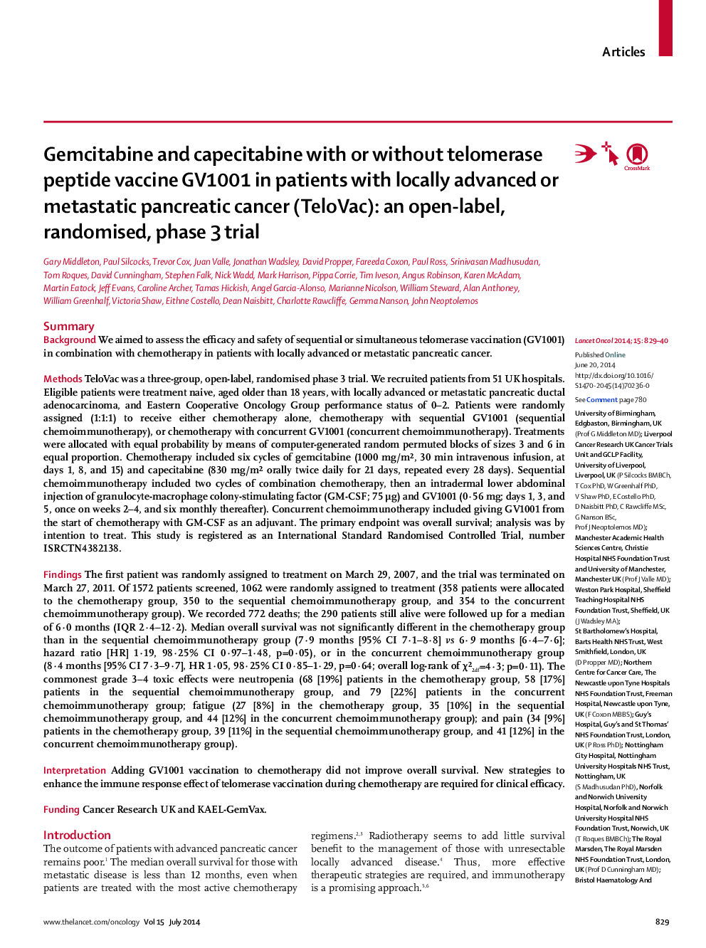 Gemcitabine and capecitabine with or without telomerase peptide vaccine GV1001 in patients with locally advanced or metastatic pancreatic cancer (TeloVac): an open-label, randomised, phase 3 trial