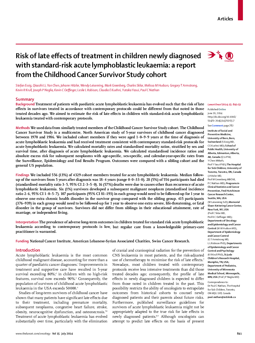 Risk of late effects of treatment in children newly diagnosed with standard-risk acute lymphoblastic leukaemia: a report from the Childhood Cancer Survivor Study cohort