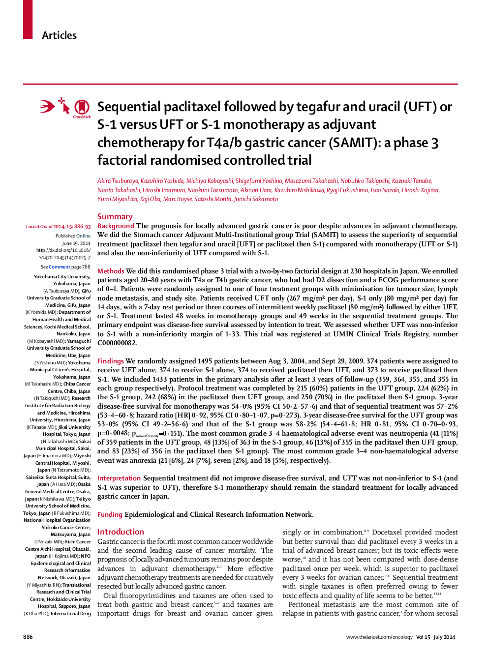 Sequential paclitaxel followed by tegafur and uracil (UFT) or S-1 versus UFT or S-1 monotherapy as adjuvant chemotherapy for T4a/b gastric cancer (SAMIT): a phase 3 factorial randomised controlled trial