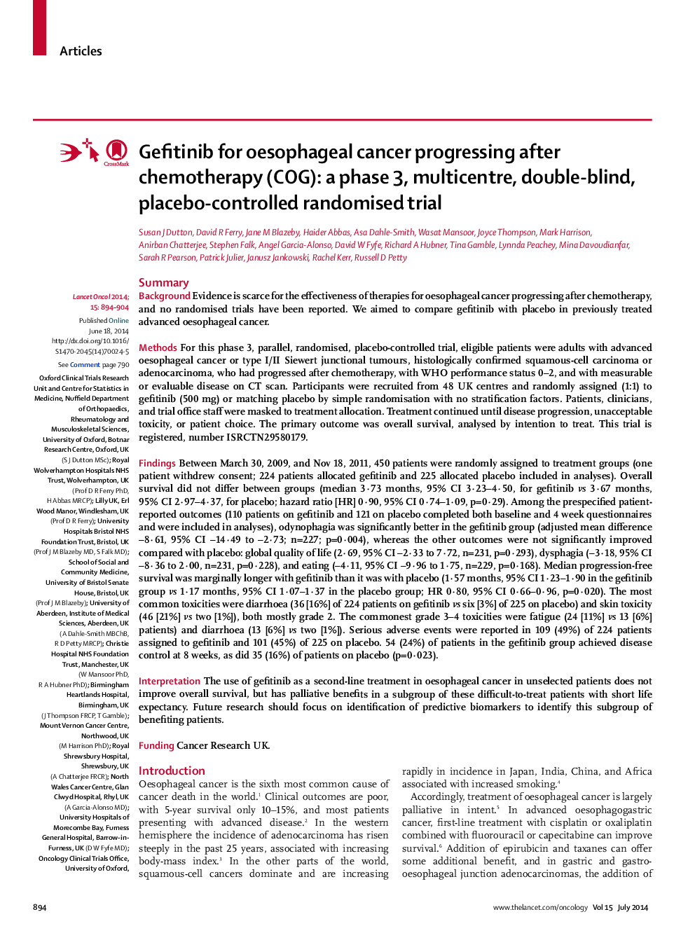 Gefitinib for oesophageal cancer progressing after chemotherapy (COG): a phase 3, multicentre, double-blind, placebo-controlled randomised trial