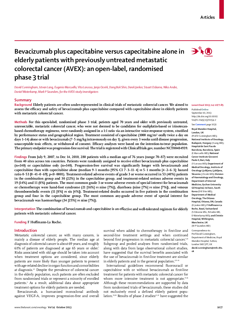 Bevacizumab plus capecitabine versus capecitabine alone in elderly patients with previously untreated metastatic colorectal cancer (AVEX): an open-label, randomised phase 3 trial