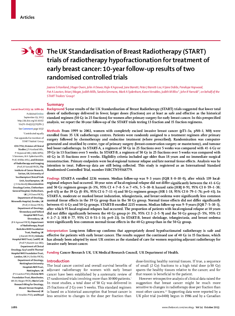 The UK Standardisation of Breast Radiotherapy (START) trials of radiotherapy hypofractionation for treatment of early breast cancer: 10-year follow-up results of two randomised controlled trials