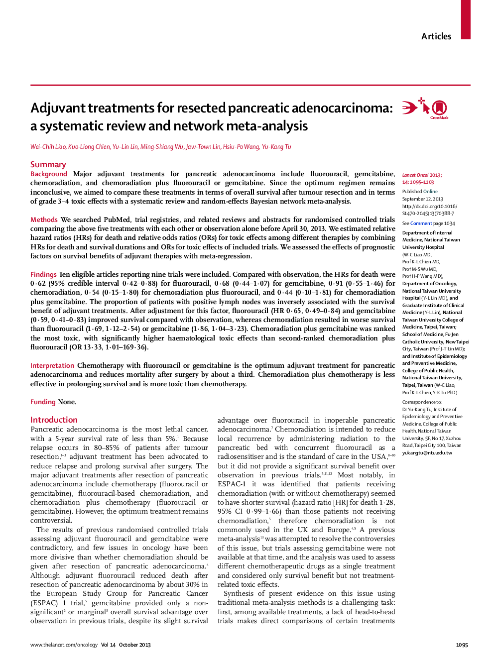 Adjuvant treatments for resected pancreatic adenocarcinoma: a systematic review and network meta-analysis
