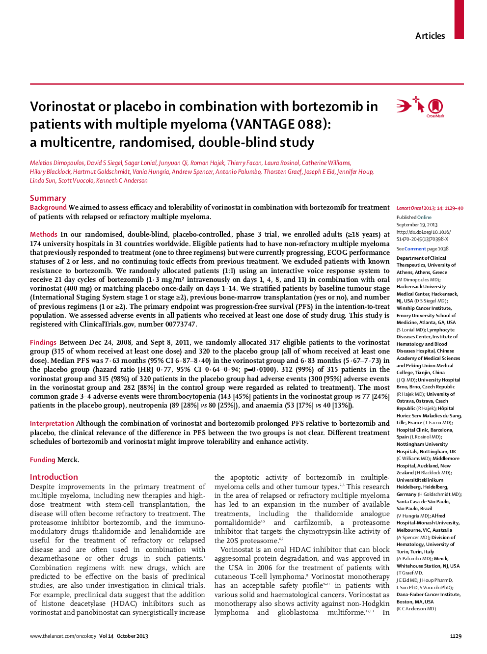 Vorinostat or placebo in combination with bortezomib in patients with multiple myeloma (VANTAGE 088): a multicentre, randomised, double-blind study