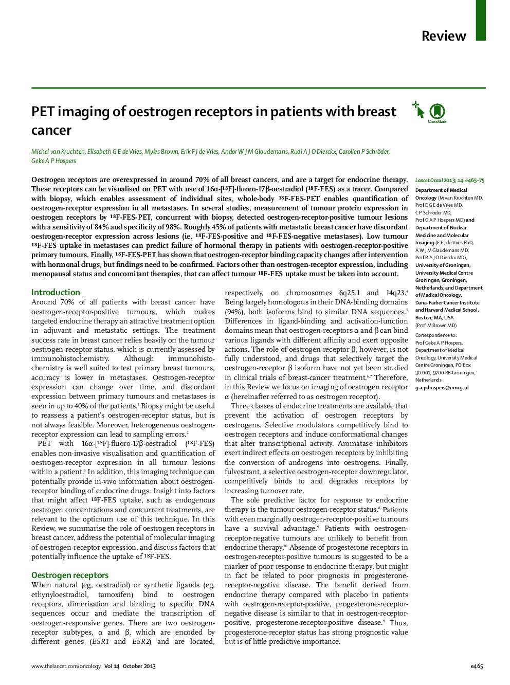 PET imaging of oestrogen receptors in patients with breast cancer