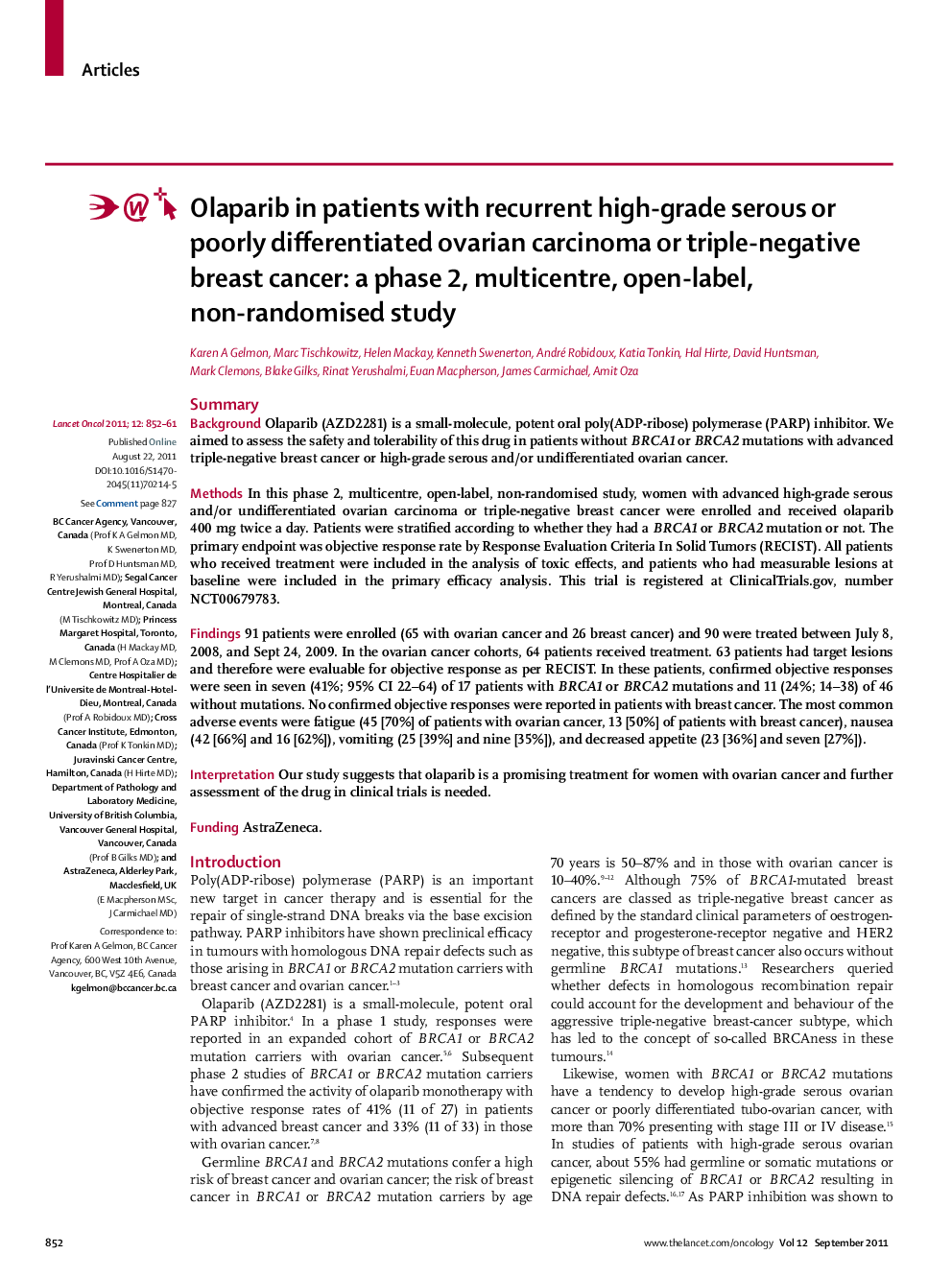Olaparib in patients with recurrent high-grade serous or poorly differentiated ovarian carcinoma or triple-negative breast cancer: a phase 2, multicentre, open-label, non-randomised study