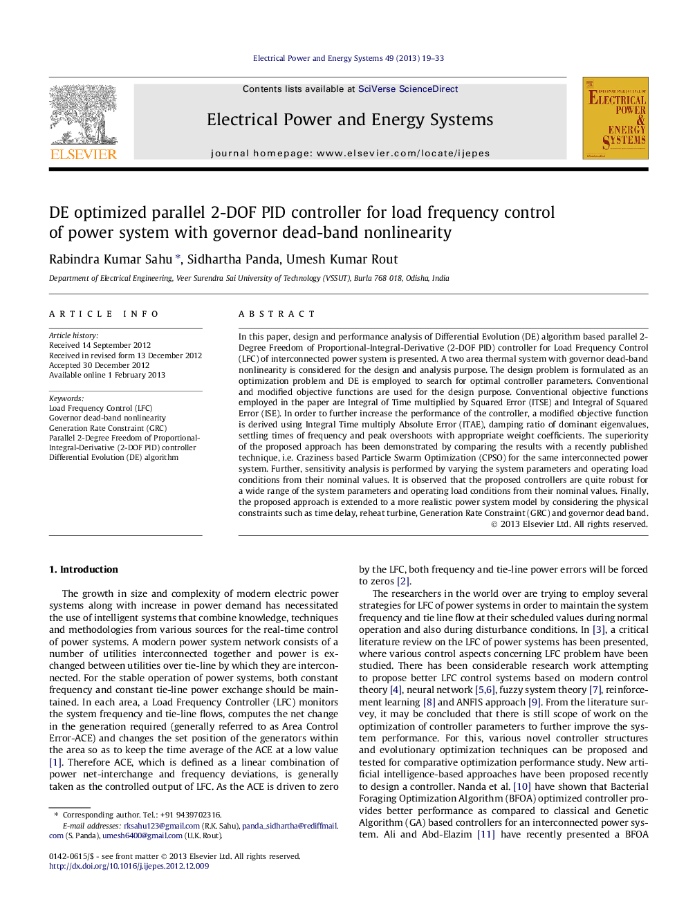 عکس صفحه اول مقاله: DE optimized parallel 2-DOF PID controller for load frequency control of power system with governor dead-band nonlinearity DE optimized parallel 2-DOF PID controller for load frequency control of power system with governor dead-band nonlinearity