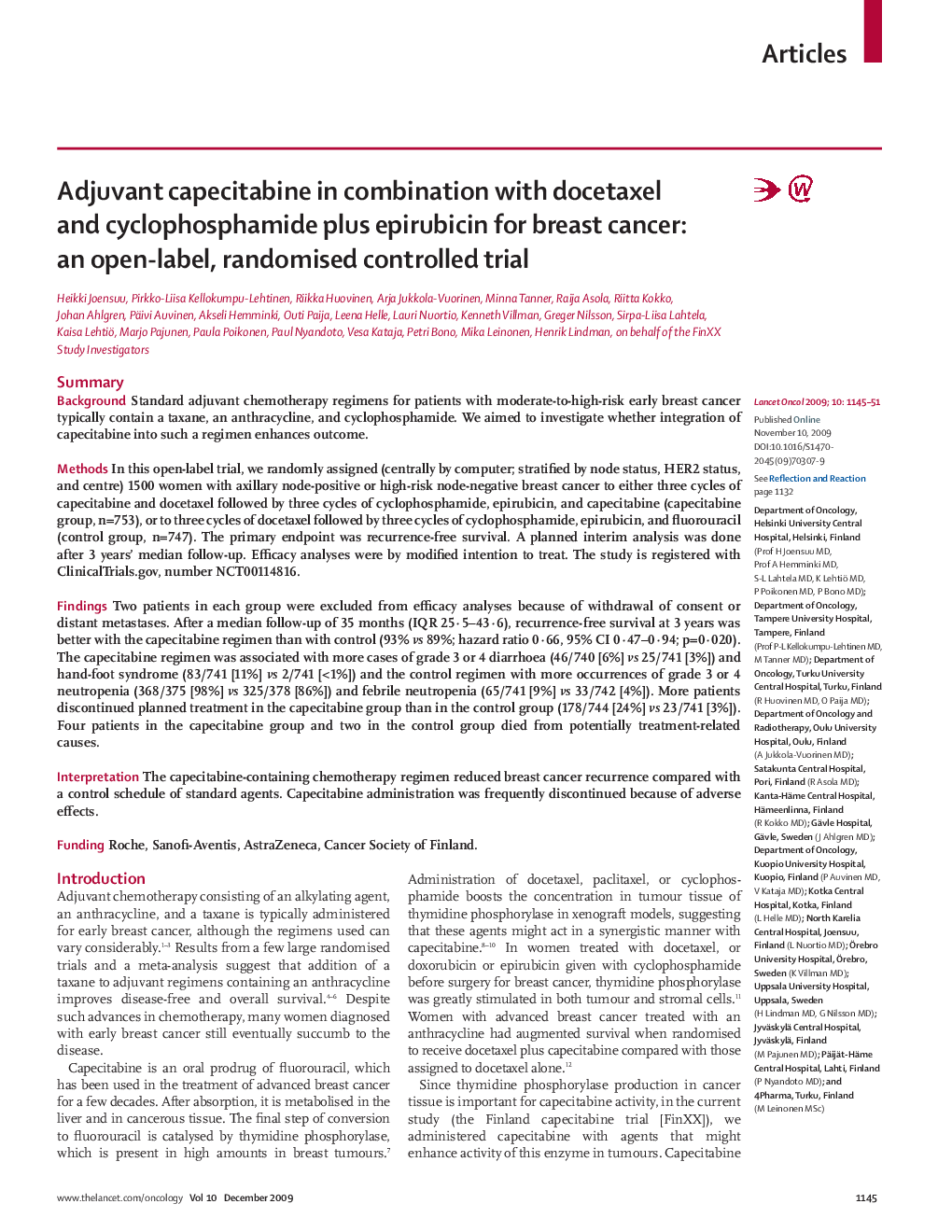 Adjuvant capecitabine in combination with docetaxel and cyclophosphamide plus epirubicin for breast cancer: an open-label, randomised controlled trial