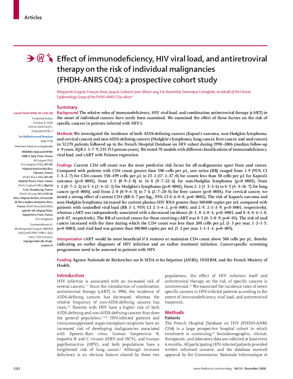 Effect of immunodeficiency, HIV viral load, and antiretroviral therapy on the risk of individual malignancies (FHDH-ANRS CO4): a prospective cohort study