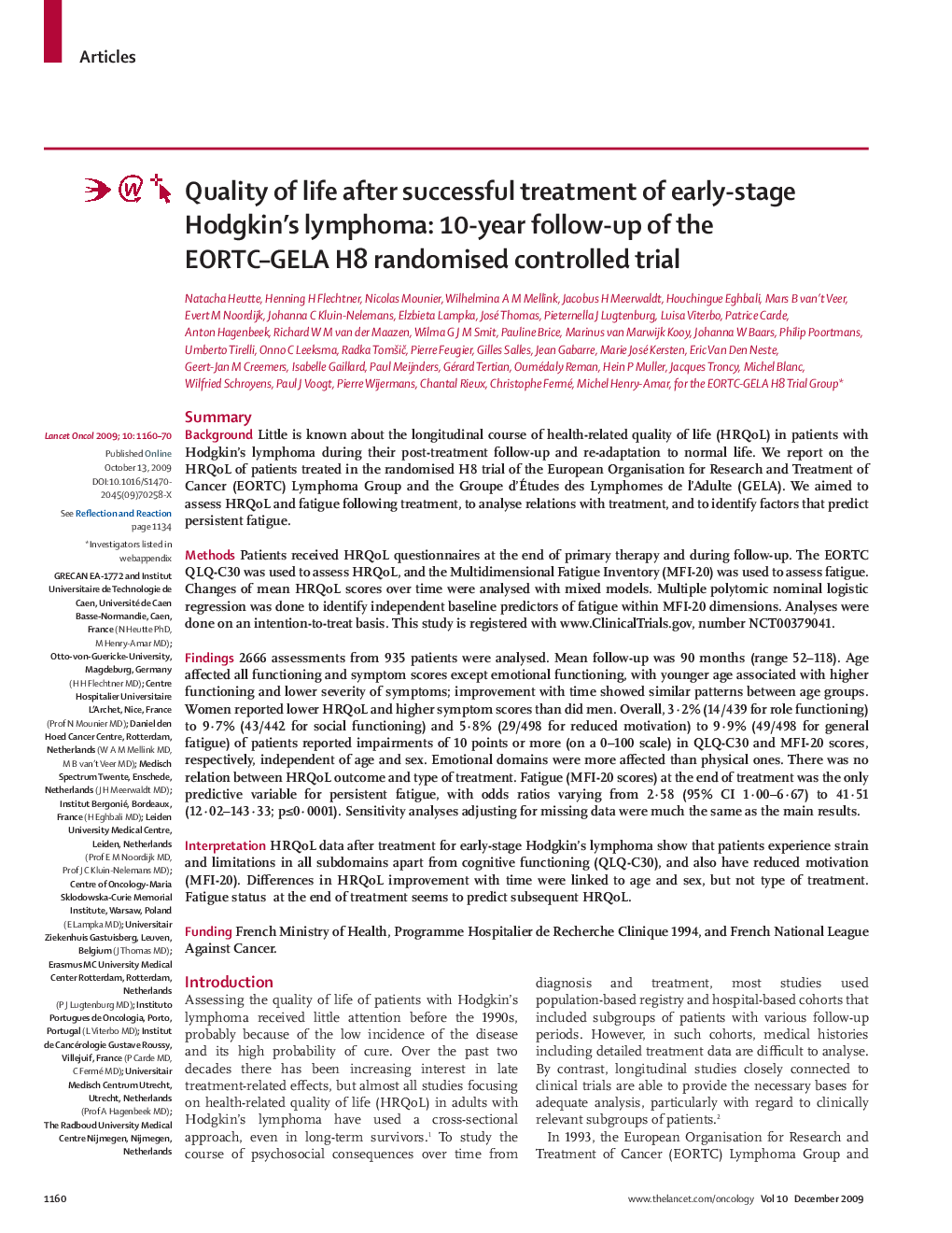 Quality of life after successful treatment of early-stage Hodgkin's lymphoma: 10-year follow-up of the EORTC–GELA H8 randomised controlled trial
