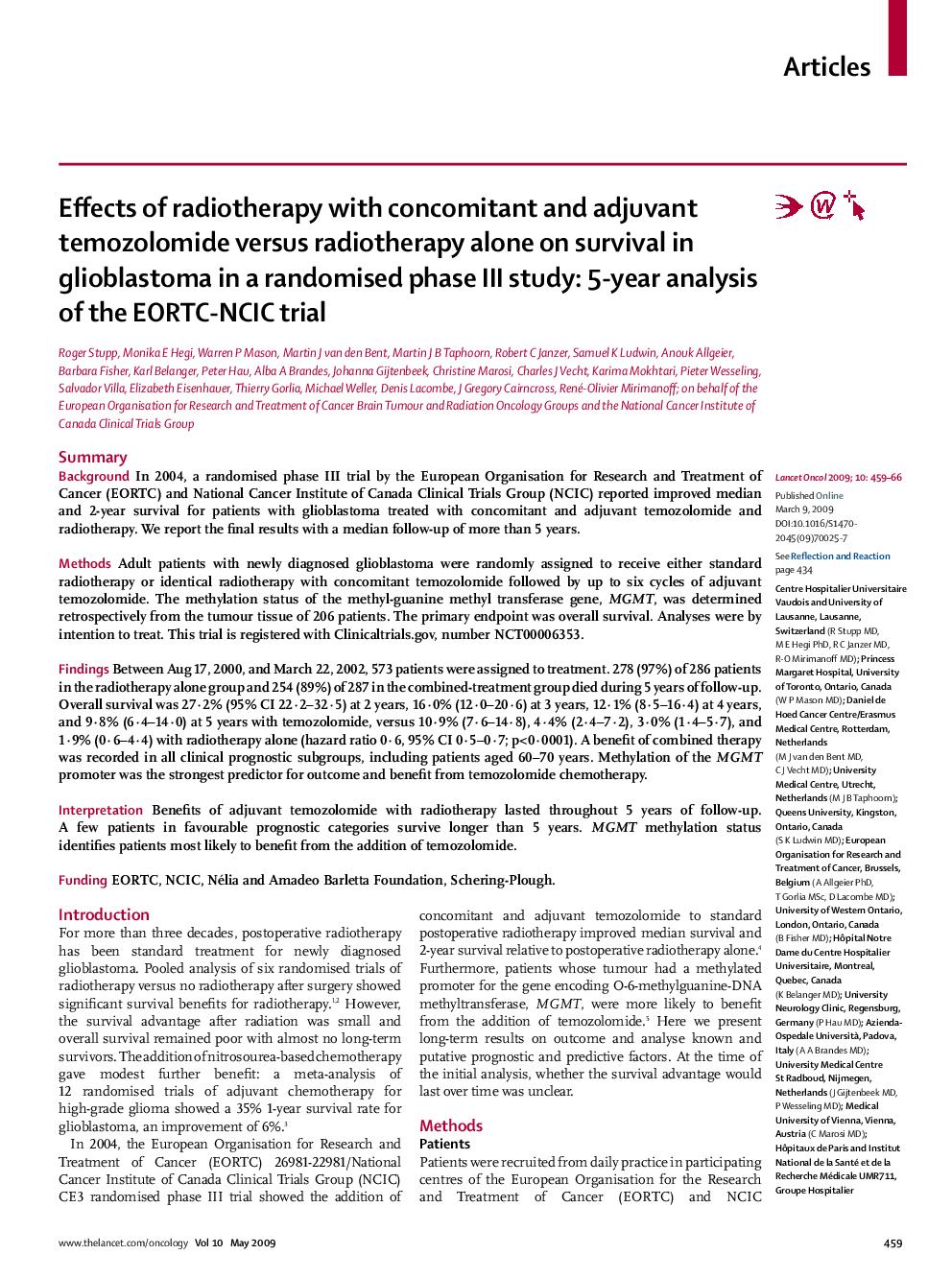 Effects of radiotherapy with concomitant and adjuvant temozolomide versus radiotherapy alone on survival in glioblastoma in a randomised phase III study: 5-year analysis of the EORTC-NCIC trial