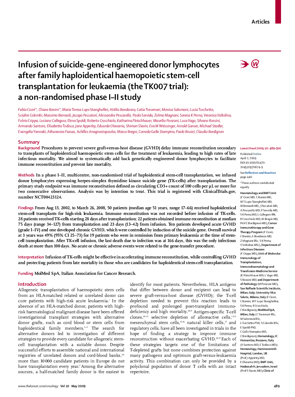 Infusion of suicide-gene-engineered donor lymphocytes after family haploidentical haemopoietic stem-cell transplantation for leukaemia (the TK007 trial): a non-randomised phase I–II study