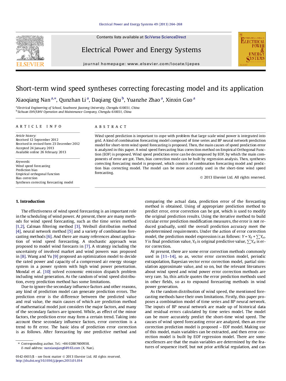 عکس صفحه اول مقاله: Short-term wind speed syntheses correcting forecasting model and its application Short-term wind speed syntheses correcting forecasting model and its application