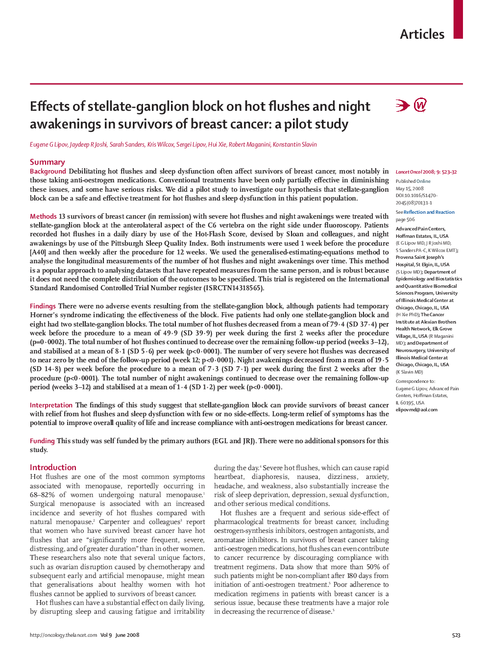 Effects of stellate-ganglion block on hot flushes and night awakenings in survivors of breast cancer: a pilot study