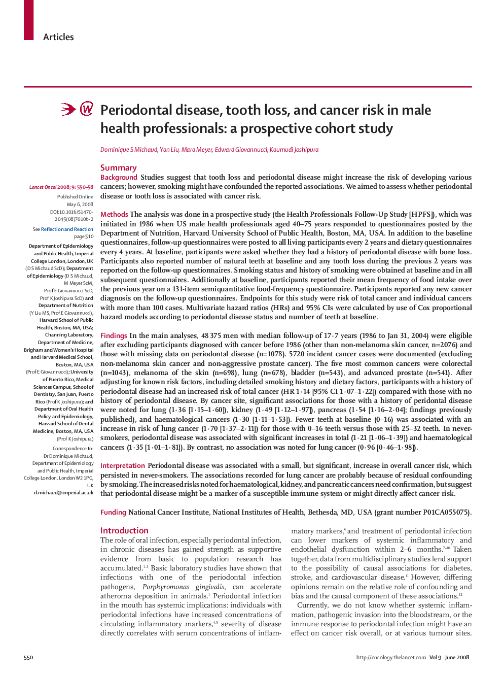 Periodontal disease, tooth loss, and cancer risk in male health professionals: a prospective cohort study