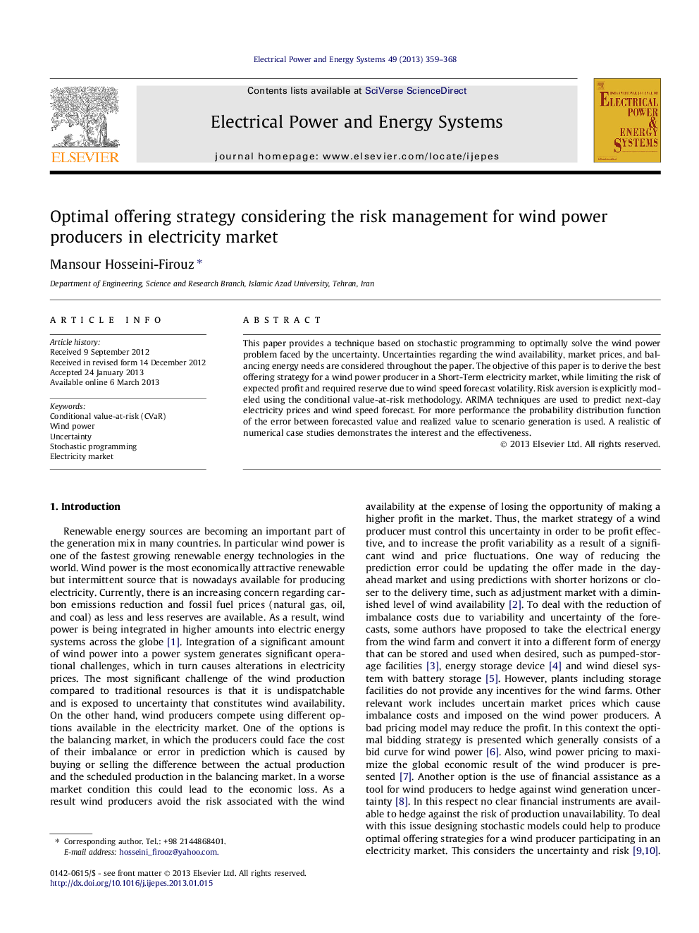 Optimal offering strategy considering the risk management for wind power producers in electricity market