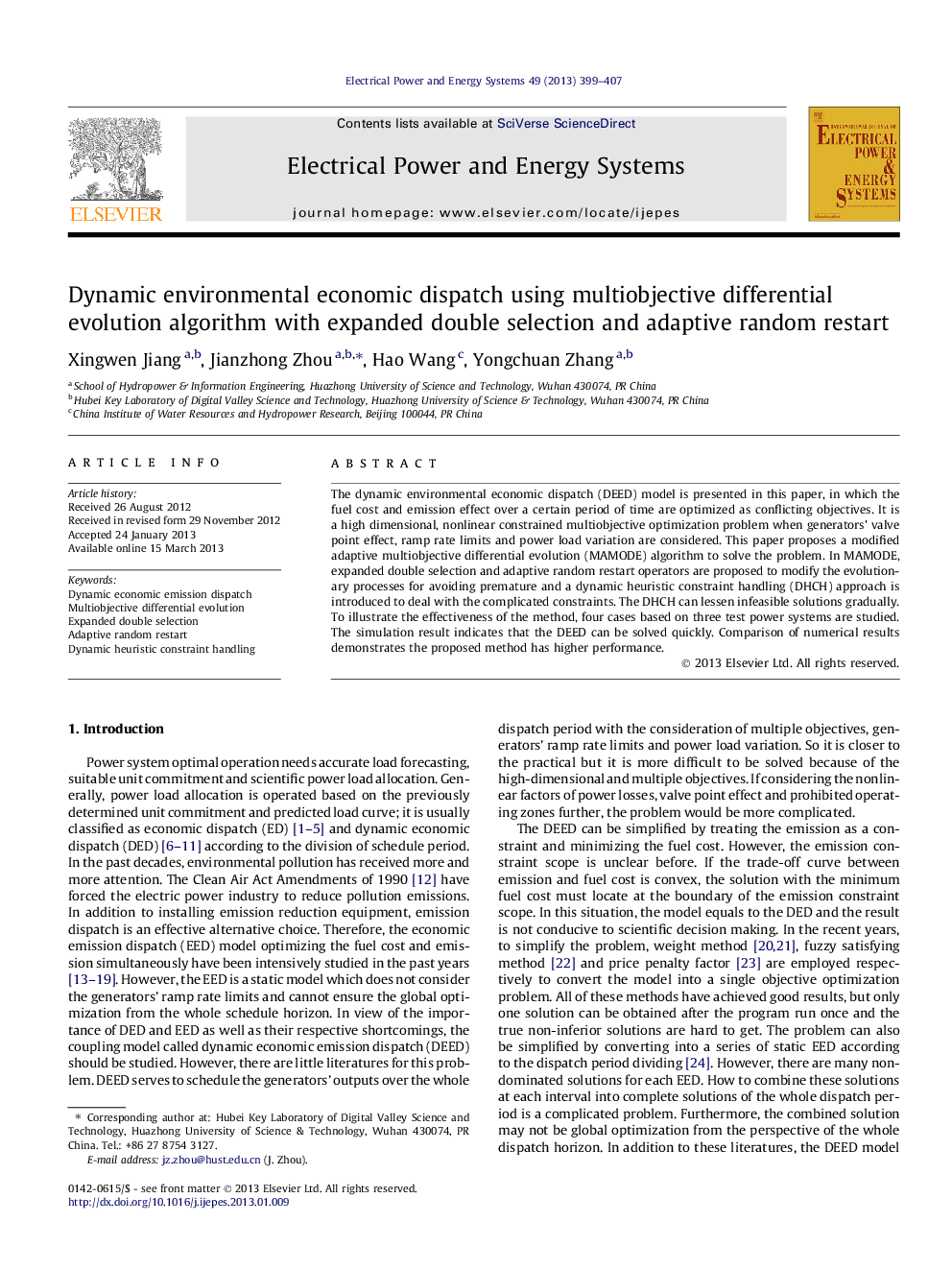 Dynamic environmental economic dispatch using multiobjective differential evolution algorithm with expanded double selection and adaptive random restart