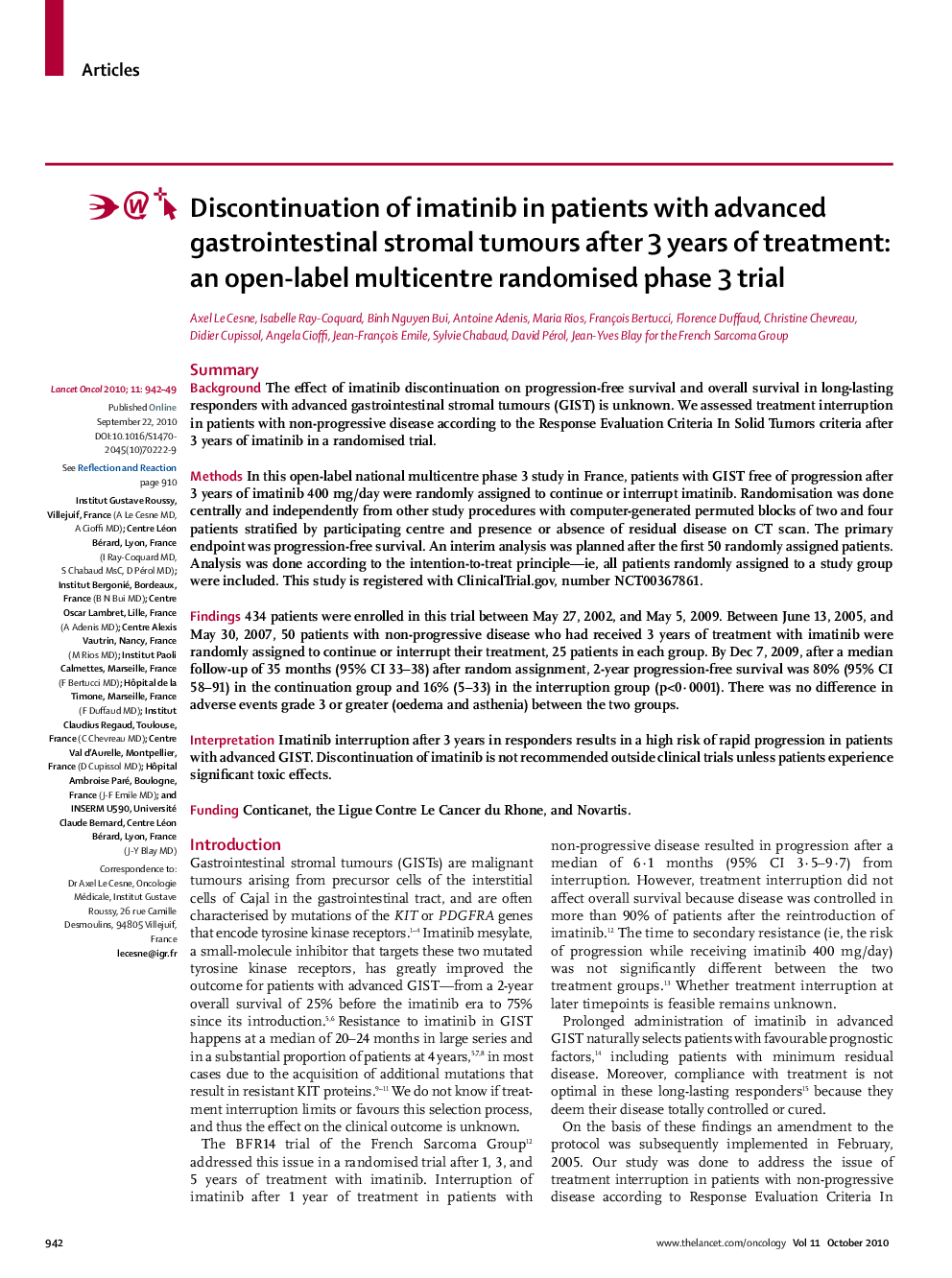 Discontinuation of imatinib in patients with advanced gastrointestinal stromal tumours after 3 years of treatment: an open-label multicentre randomised phase 3 trial