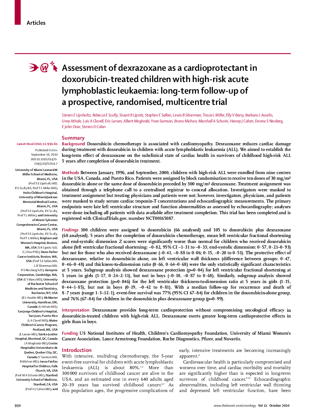 Assessment of dexrazoxane as a cardioprotectant in doxorubicin-treated children with high-risk acute lymphoblastic leukaemia: long-term follow-up of a prospective, randomised, multicentre trial