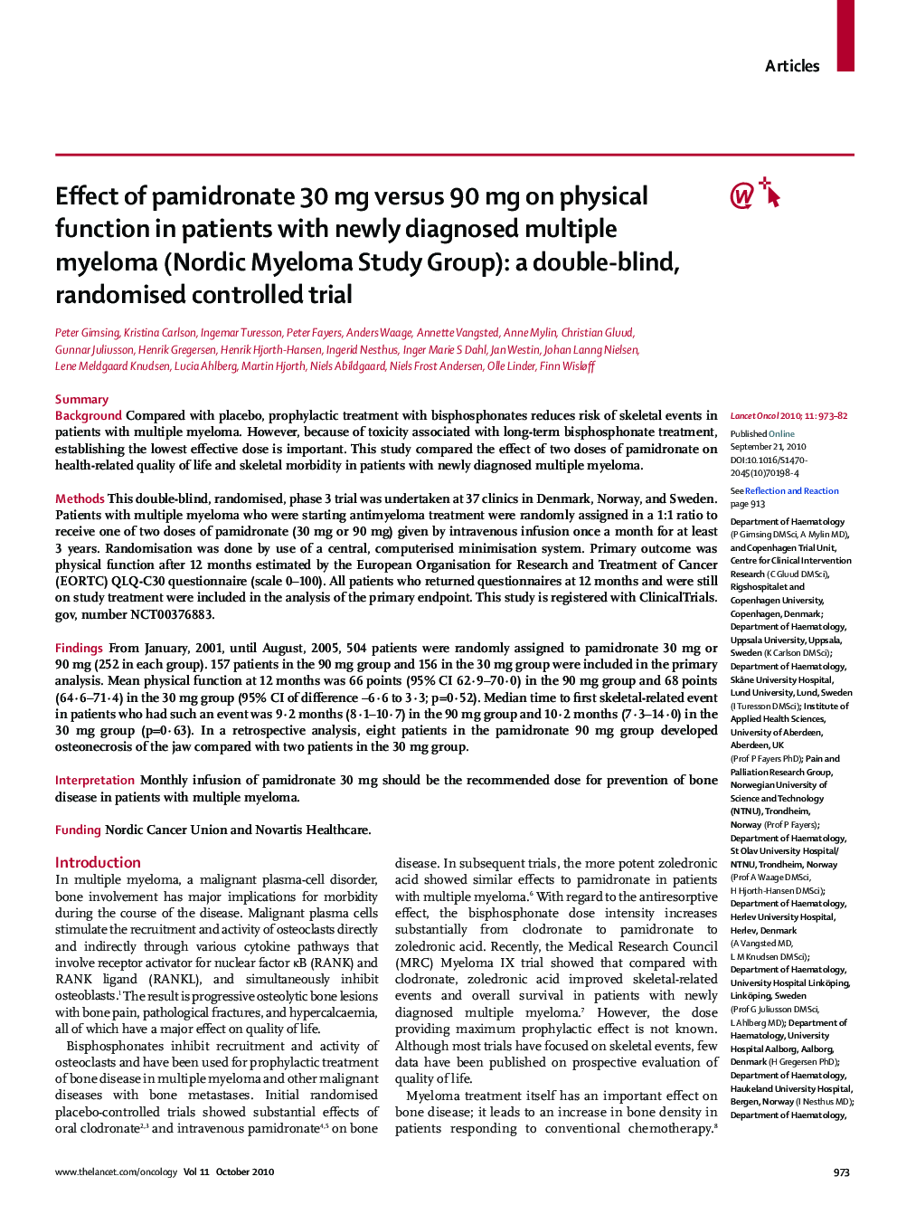 Effect of pamidronate 30 mg versus 90 mg on physical function in patients with newly diagnosed multiple myeloma (Nordic Myeloma Study Group): a double-blind, randomised controlled trial