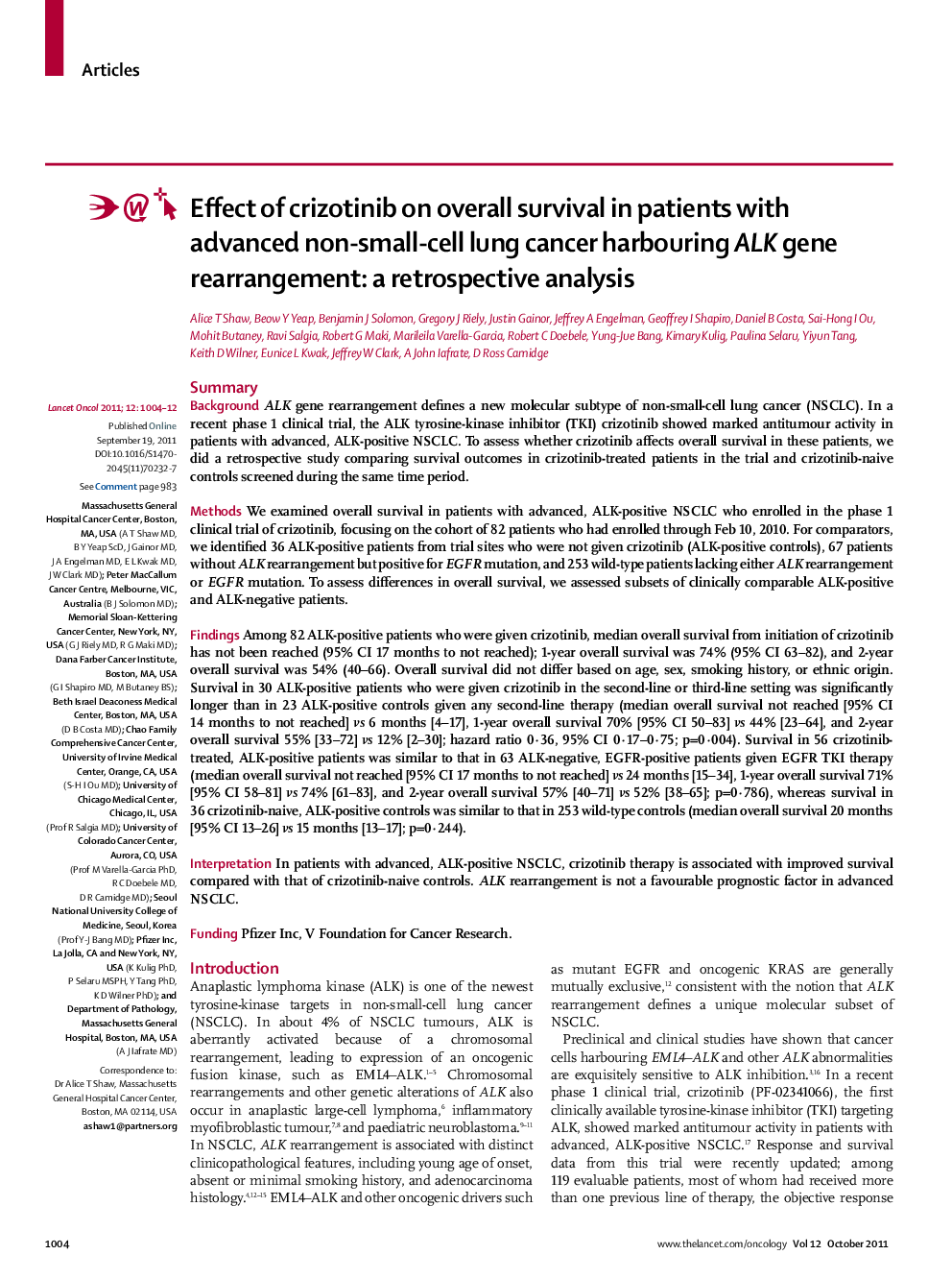 Effect of crizotinib on overall survival in patients with advanced non-small-cell lung cancer harbouring ALK gene rearrangement: a retrospective analysis